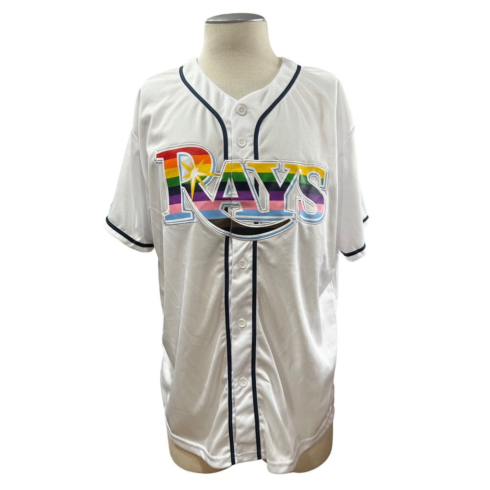 Match-Up Tampa Bay Rays Pride Baseball Jersey White Rainbow Logo Unisex XL
